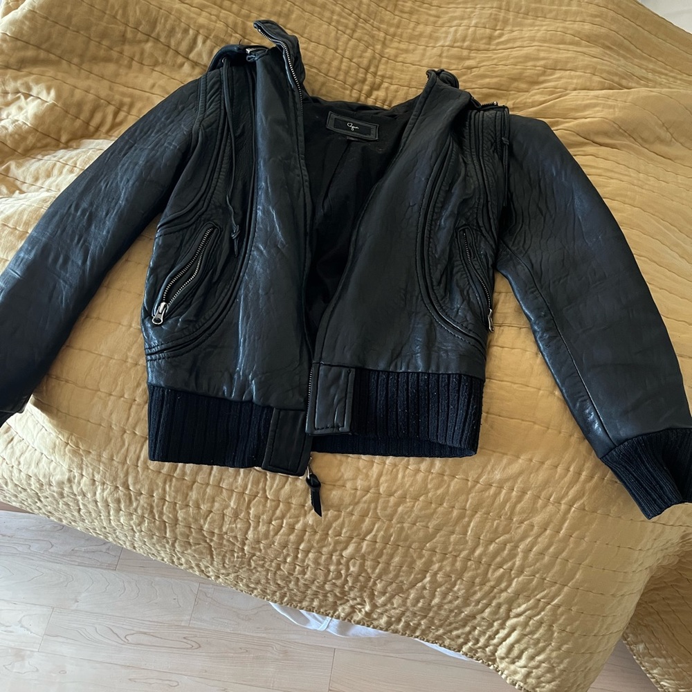 Black genuine leather jacket with hood - XS